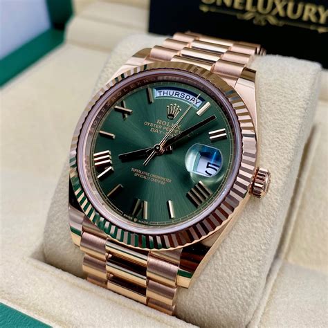 rolex day date 40 rose gold green face|rolex day date 40mm price.